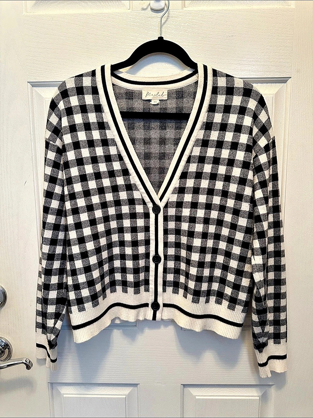 Marbled Checkered Button-Front Cardigan in Black & White Size Medium